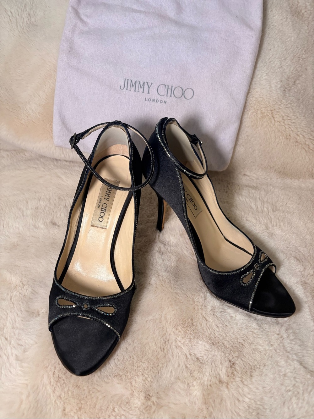 Jimmy Choo Black Satin Open-Toe Ankle-Strap Heels with Stone Details